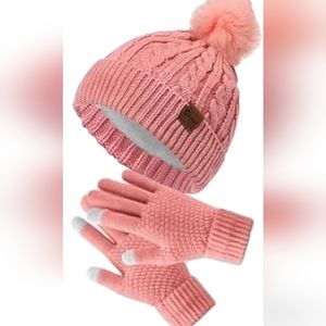 Pom Pom Pink Beanie Winter Hat Glove Set Touchscreen ✔️ 🎁
